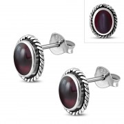 Large Oval Garnet Stud Silver Earrings, e336